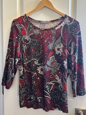 BASLER Paisley Print Top Size S Lively Burgundy, Black and White Print
